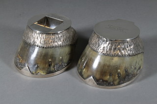 An Edwardian silver mounted race horse hoof in the form of an inkwell together with a ditto match striker, marked Orpington 1898-1909, winner of 30 Races, London 1909, maker W & G Neal