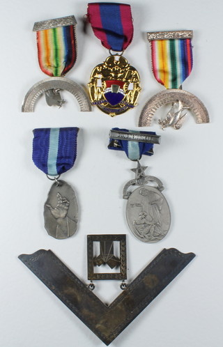 A Masonic silver Past Masters collar jewel, a silver Royal Ark mariners jewel and 4 other jewels