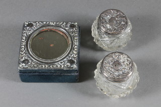 A square plush mounted box with silver and mirrored lid 2.5"  and 2 circular glass dressing table jars with silver lids