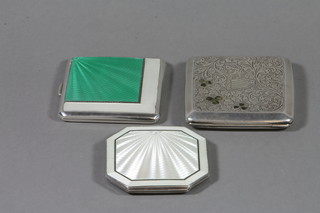 A lady's Art Deco silver and enamelled compact, Birmingham 1936, a lady's silver and enamelled cigarette case Birmingham 1935, a silver cigarette case engraved a harp and set polished green hardstones Birmingham 1923, approx. 10 ozs