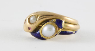 A gold and enamelled dress ring in the form of 2 entwined serpents set pearls