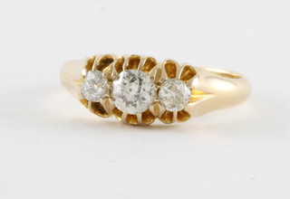 A 18ct yellow gold dress ring set 3 diamonds Birmingham 1919, approx 0.50ct