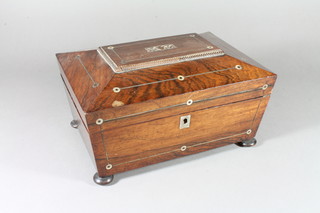 A 19th Century mother of pearl inlaid rosewood sarcophagus sewing box on bun feet 12"