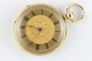 A lady's 18ct open faced fob watch with Roman numerals, the back enamelled flowers, back plate marked Henderson 85 The Strand