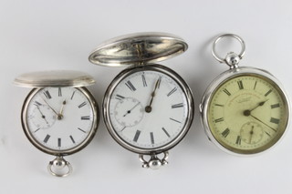 2 silver full hunter pocket watches and an open faced pocket watch