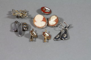 3 silver and enamelled blood donor badges, 2 silver brooches, 2 cameo brooches, etc