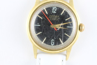 A gentleman's 1950's Junghans Trilastic wristwatch with black dial contained in a gold plated and chrome case