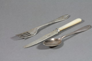 A 3 piece silver christening set comprising knife fork and spoon, Sheffield 1932, cased