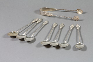 A set of 6 Edwardian silver apostle spoons and matching tongs, Birmingham 1905, 2 ozs