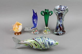A glass model of a fish 14" and 4 other items