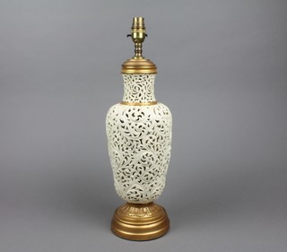 A Royal Worcester reticulated oviform vase with waisted neck decorated with scrolls converted to electricity 15"