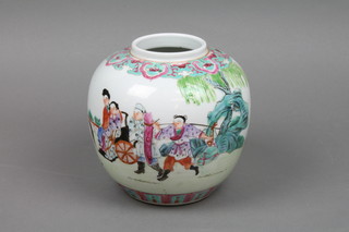 A Chinese baluster ginger jar with polychrome decoration depicting a procession of figures 7" high