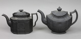 A black basalt faceted teapot of architectural form and rustic spout 6", do. with fluted and scroll decoration 8" (f)