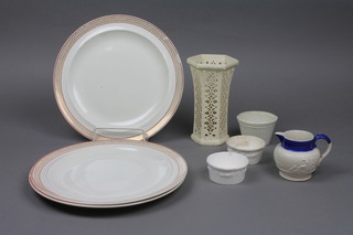 A 19th Century creamware reticulated hexagonal vase 6", 3 do. pots, a 19th Century jug and 3 Wedgwood plates (f)