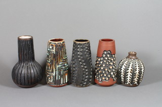 5 1960's and 70's pottery vases with incised decoration