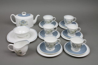 A Susie Cooper Glen Mist design teaset comprising teapot and lid (f), 6 cups (1f), sugar bowl, milk jug and 6 saucers, sandwich plate and 6 side plates