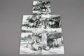 5 Victorian Mintons wall tiles decorated with farm animals 6" (4f)
