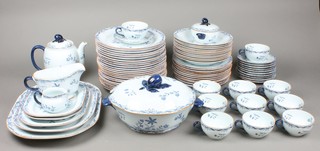 A 78 piece Swedish Roffrand East India pattern dinner service comprising oval tureen 10", 5 graduated meat plates 14", 12", 10 1/2" and 2 x 9", 11 cups (1 cracked), 11 saucers, coffee pot 6", 11 soup bowls 8" (1 cracked), 11 tea plates 8 1/2" (1 cracked), 25 side plates 9", cream jug, lidded sugar bowl (chip to rim), sauce boat