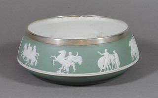 A Wedgwood green Jasper salad bowl decorated with classical figures having a silver rim 10"