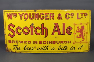 A yellow enamelled sign for William Younger and Co. Ltd, Scotch Ale brewed in Edinburgh, The beer with a bite in it 36"h x 72"w 