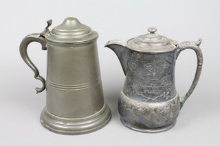 A pewter lidded tankard together with a Victorian Britannia metal teapot and ewer 