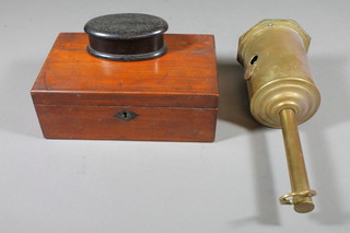 A brass bottle jack and a rectangular mahogany box with hinged lid 9"