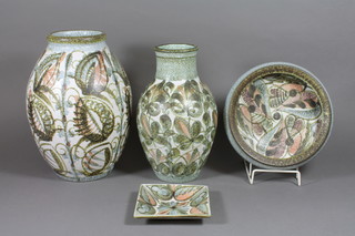 A 1960's Denby Art Pottery dish 5", a ditto bowl 9", a baluster vase 12" and an overform vase 13" 