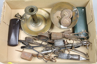 A 19th Century brass chamber stick, 3 Sussex Education Committee School Attendance medals, various candle snuffers etc 