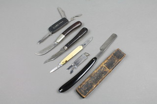 5 pocket knives and a cased cut throat razor