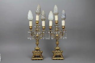 A pair of pierced gilt metal 3 light candelabrum converted to electricity 16" 