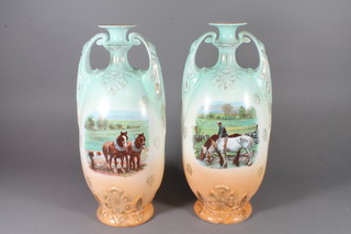 A pair of Austrian oviform vases decorated with rural scenes 15 1/2" 