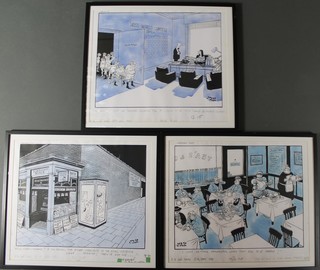 After JAK, 3 cartoon prints, 1980's political studies, 23" x 20" 