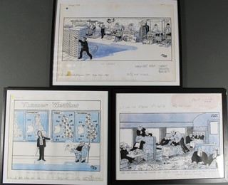 After JAK, 3 cartoon prints, 1980's political studies, 23" x 20" 