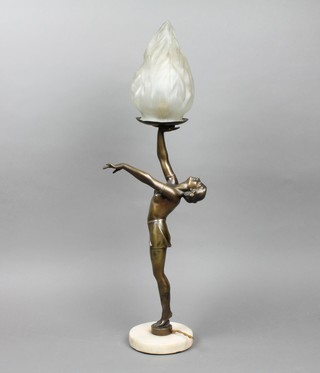 An Art Deco spelter table lamp in the form of a semi-naked lady bearing an opaque glass shade 25"