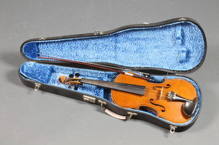 A 19th Century violin with 2 piece back, labelled Sacquin Luthier Rue Beauregard 14 Paris 1848, with 14 1/2" back  together with a childs modern bow, contained in a fibre carrying case