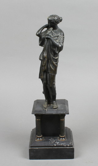 A Victorian bronze figure of a standing classical lady raised on a black square stepped marble base (damage to marble base) 13" 