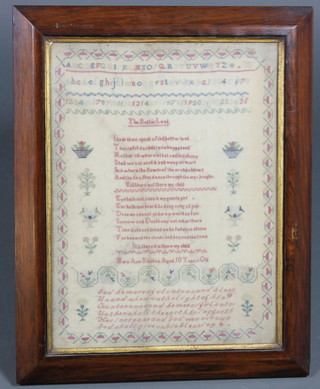 A Victorian stitch work sampler with alphabet and poem by Mary Ann Kitchen, aged 10 years, contained in a rosewood frame 16 1/2" x 12 1/2"