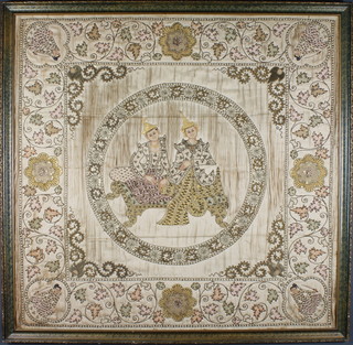 A "Thai" embroidered silk panel depicting 2 figures 35" x 35"