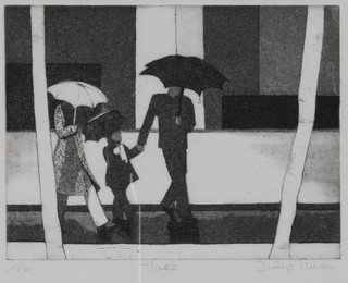 Dyllis Pinnion, a print, study of three people walking in the rain, signed 4" x 8" 