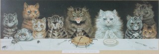 After Louis Wain, a coloured print, an amusing study of cats "What We Are About to Receive" 6" x 20"