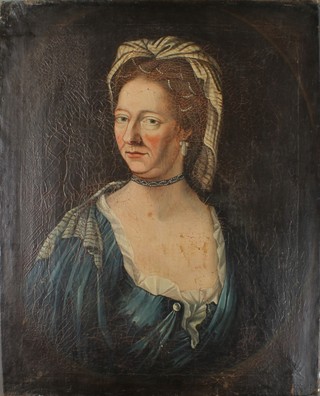 An 18th Century naive oil painting, study of lady in a blue dress, unframed, 31" x 25"