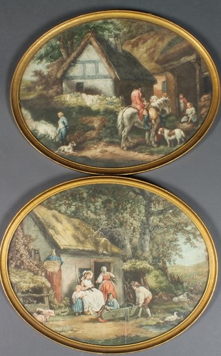 19th Century prints, oval studies of country scenes with figures 15" x 19"