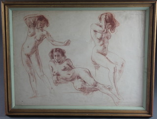 After George R Woolway, ARCA, British 1879-1961, 20th  Century British School, red chalk on artists paper, 3 studies of  female nudes, unsigned, 22"h x 29"h