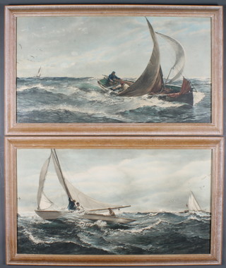 A pair of coloured prints, study of yacht and fishing boat in heavy sea 16" x 29"