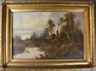 A 19th Century oil painting, a rural landscape with figures behind a stream, thatched cottages and sheep in the distance, 19 1/2" x 29 1/2" 