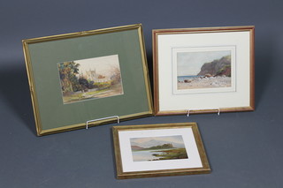 Victorian watercolours, coastal view and study of a church 9" x 12" and a 19th Century oil study of a Scottish loch 7" x 9" 
