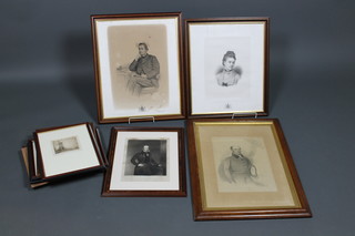 19th Century prints, a quantity of portrait studies and 5 etchings of various buildings, windmill etc 