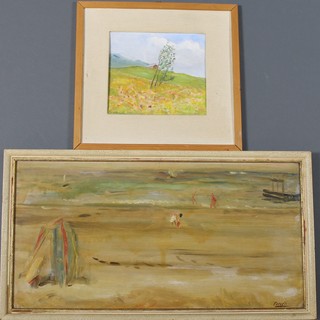 Forsythe, oil painting, a stylish beach scene with tent and figures, signed 12" x 24" together with  Paschoud, an oil painting study of a Swiss Mountain scene, signed 9" x 9" and a book of the artists works (please note the book will be kept in the office) 