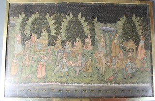 An Indian painting on silk, a view of a procession with figures, elephants and horses 38" x 59"