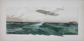S Montaul, an over painted with watercolour lithograph  "Bleriot Traversant La Manche Le 25 Juillet 1909" 11" x 30"